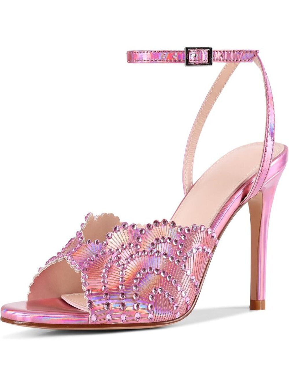 Women's Pink Rhinestone High Heel Sandals Round Open Toe Sparkly High Heels